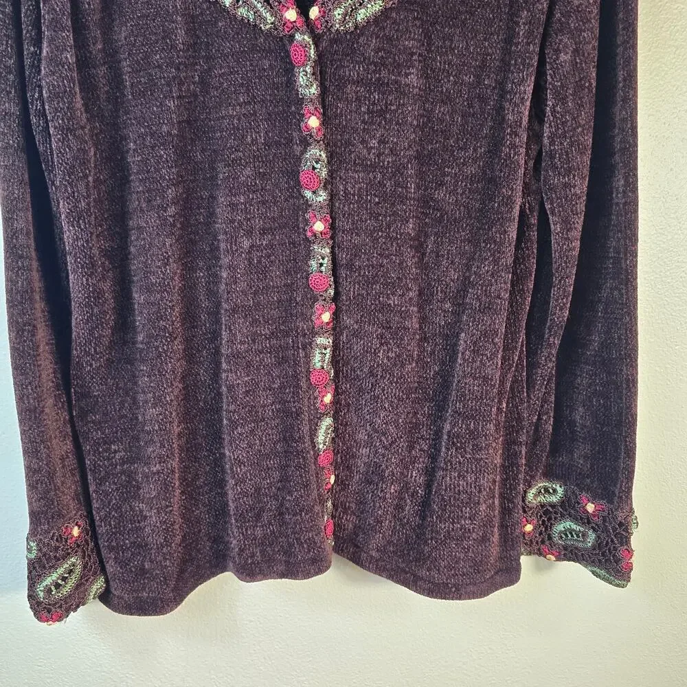 Storybook Knits Sweater Women's 1X Brown Chenille Green Red Floral Crochet